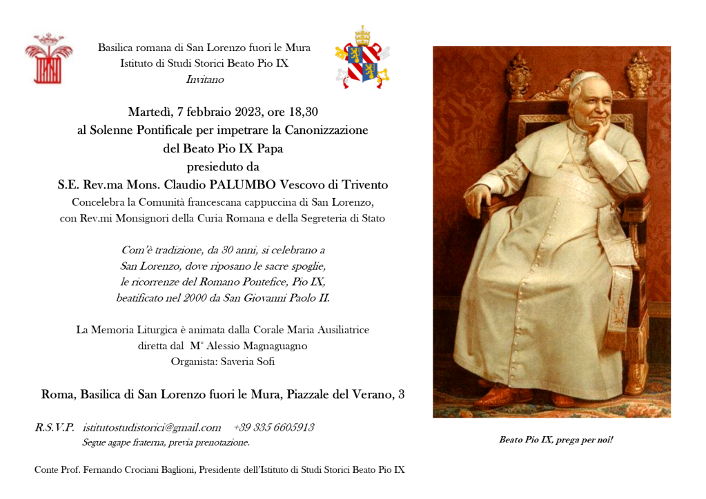 Martedì 7 febbraio 2023, Basilica di San Lorenzo fuori le Mura: memoria liturgica del Beato Pio IX